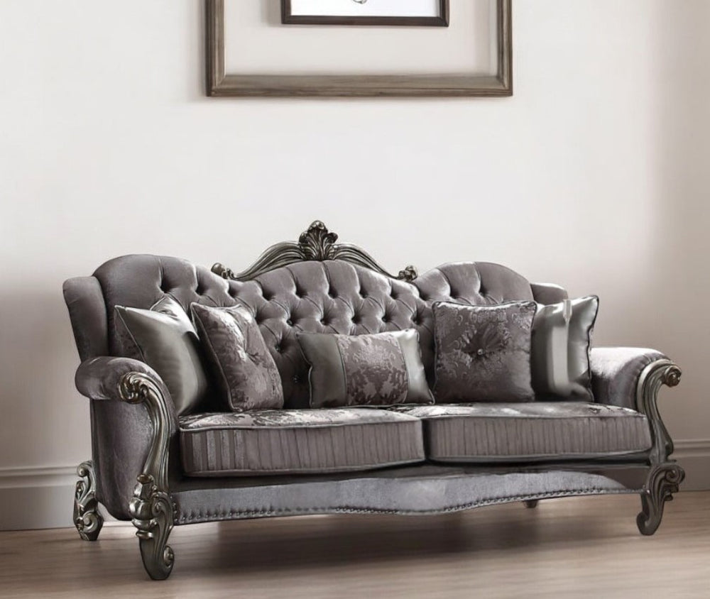 Homeroots 45" Platinum Velvet Floral Sofa And Toss Pillows   348645