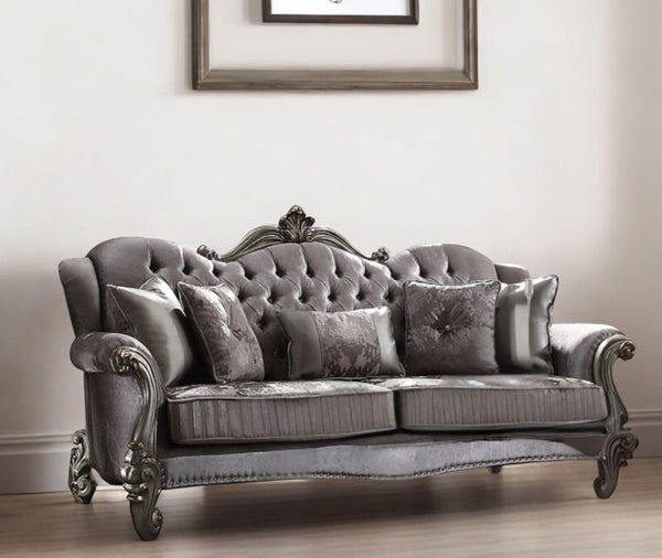 Homeroots 45" Platinum Velvet Floral Sofa And Toss Pillows   348645