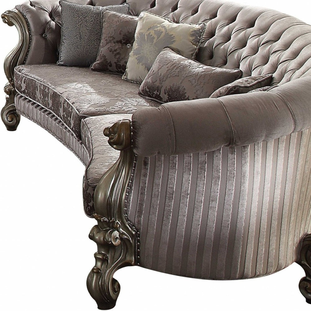 HomeRoots 55" Gray Velvet Curved Floral Sofa with Champagne Legs & 5 Toss Pillows for Elegant Living Spaces 348646