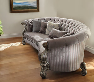 Homeroots 55" Gray Velvet Curved Floral Sofa And Toss Pillows With Champagne Legs   348646