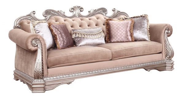 Homeroots 42" Rosegold Velvet Sofa And Toss Pillows With Silver Legs   348648