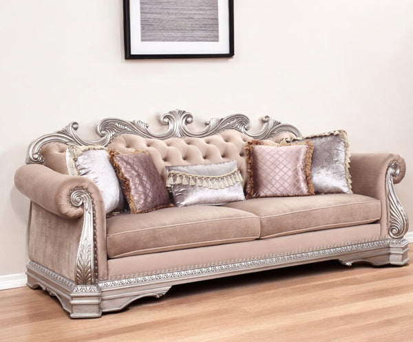 Homeroots 42" Rosegold Velvet Sofa And Toss Pillows With Silver Legs   348648