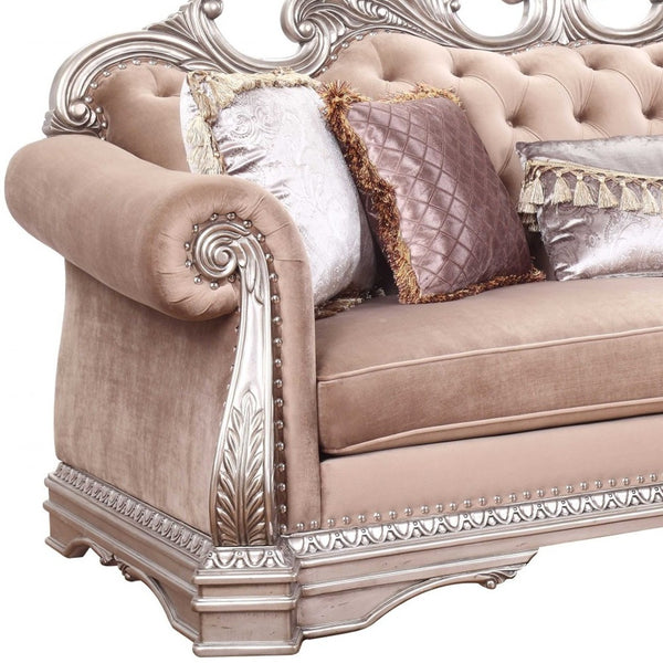 Homeroots 42" Rosegold Velvet Sofa And Toss Pillows With Silver Legs   348648
