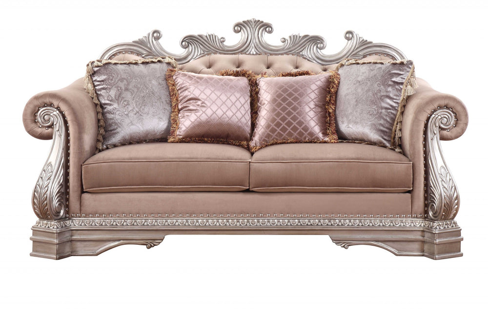 Homeroots 80" Champagne Velour Loveseat And Toss Pillows   348649
