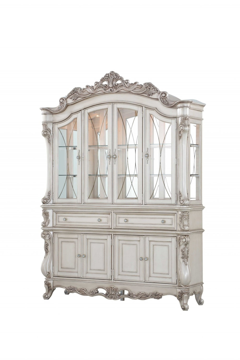 HomeRoots 24" Antique White Wood Glass Mirror Hutch Buffet - Elegant Storage with Timeless Charm for Any Room 348654