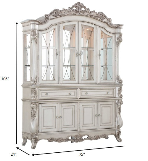 Homeroots 24" X 75" X 106" Antique White Wood Glass Mirror Hutch  Buffet  Wood 348654