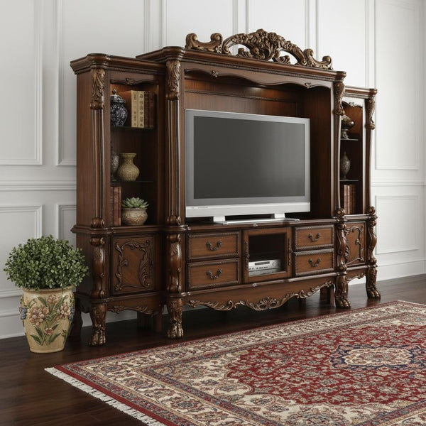 HomeRoots 118" Dark Brown Solid Wood Floating-Mount Entertainment Center for Streamlined Living Spaces 19" X 121" X 90" 348658