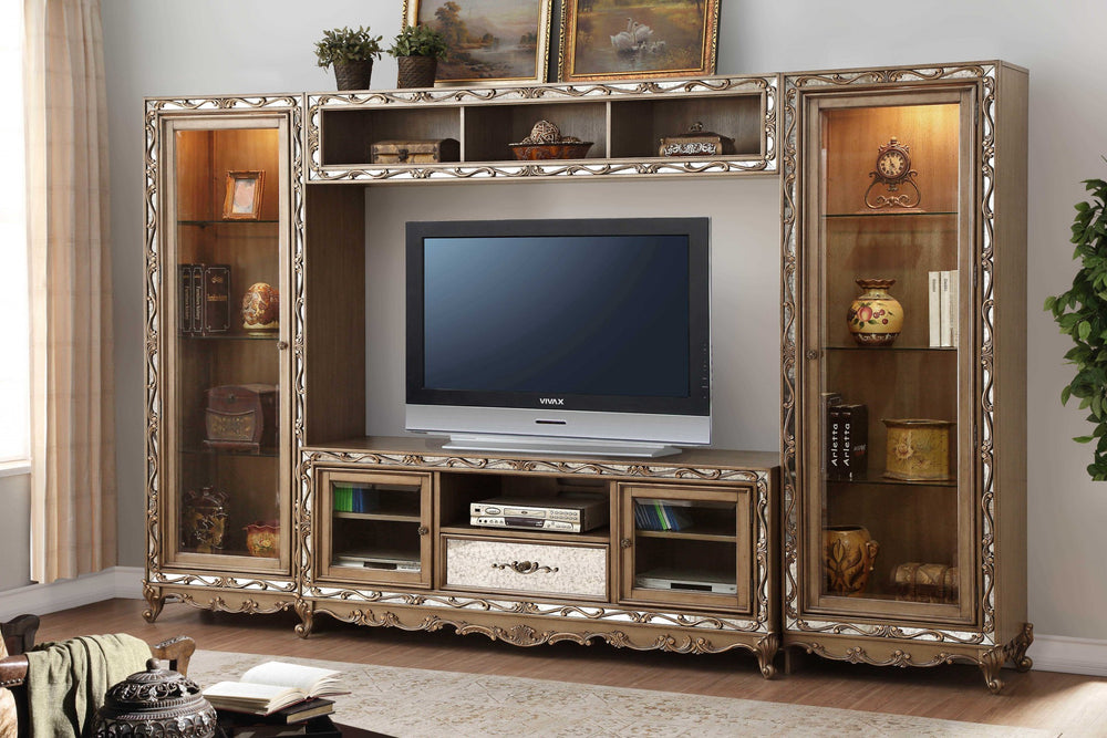 Homeroots Ornate Antique Gold Finish Entertainment Center  Solid And Manufactured Wood 348659
