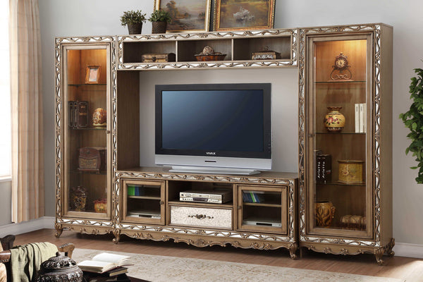 Homeroots Ornate Antique Gold Finish Entertainment Center  Solid And Manufactured Wood 348659