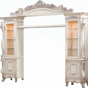 Homeroots 25" X 117" X 101" Antique White Wood Glass Poly-resin Entertainment Center  Solid Wood 348661