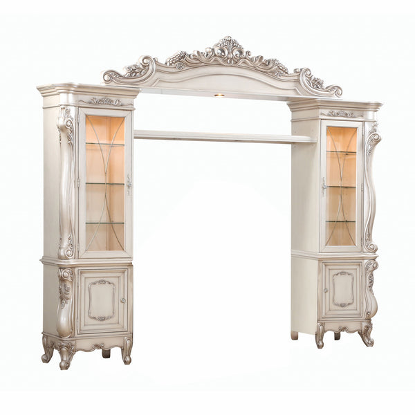 Homeroots 25" X 117" X 101" Antique White Wood Glass Poly-resin Entertainment Center  Solid Wood 348661