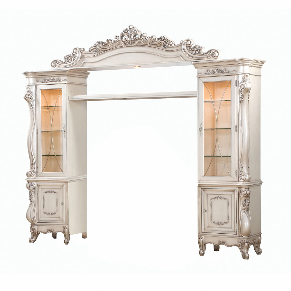 Homeroots 25" X 117" X 101" Antique White Wood Glass Poly-resin Entertainment Center  Solid Wood 348661