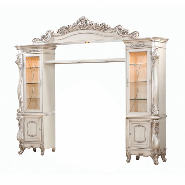 Homeroots 25" X 117" X 101" Antique White Wood Glass Poly-resin Entertainment Center  Solid Wood 348661