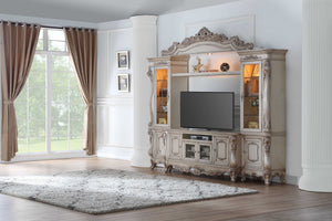 Homeroots 25" X 117" X 101" Antique White Wood Glass Poly-resin Entertainment Center  Solid Wood 348661