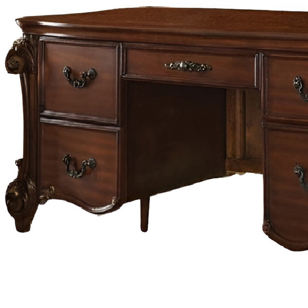 HomeRoots 74" Brown Executive Desk - Classic Design with 5 Drawers for Ample Storage & Professional Workspace 348663