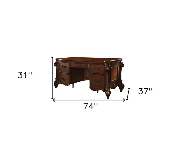 HomeRoots 74" Brown Executive Desk - Classic Design with 5 Drawers for Ample Storage & Professional Workspace 348663
