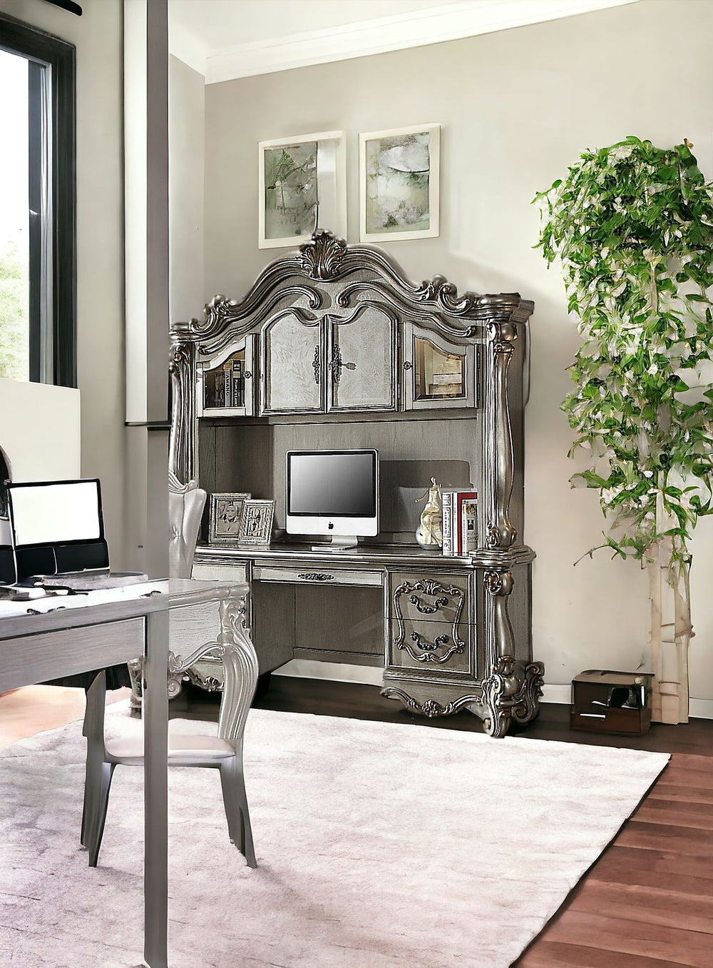 Homeroots 21" Platinum Solid Wood Peninsula Wall Mounted Computer Desk With Four Cabinets Five Drawers   348665