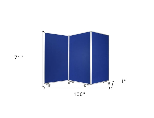 Homeroots 71" Blue Iron Folding Three Panel Screen Room Divider  Metal 348668