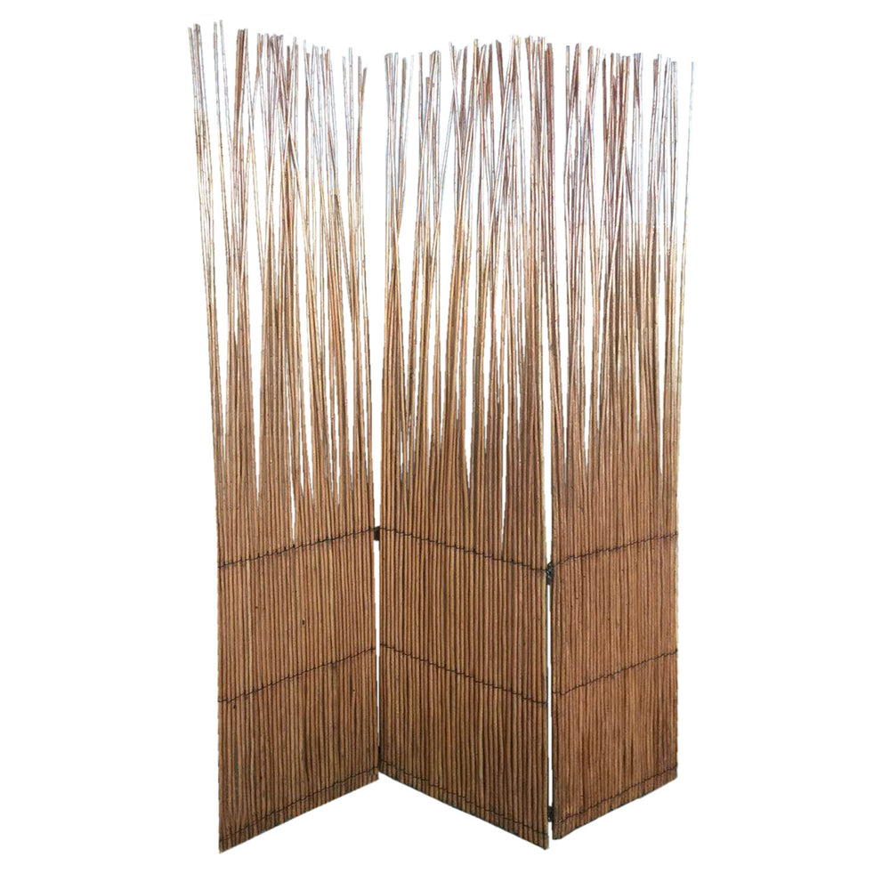 Homeroots 69" Brown Wood And Metal Folding Three Panel Screen Room Divider   348672