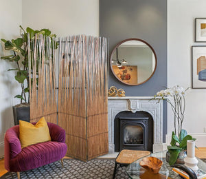 Homeroots 69" Brown Wood And Metal Folding Three Panel Screen Room Divider   348672