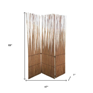 Homeroots 69" Brown Wood And Metal Folding Three Panel Screen Room Divider   348672