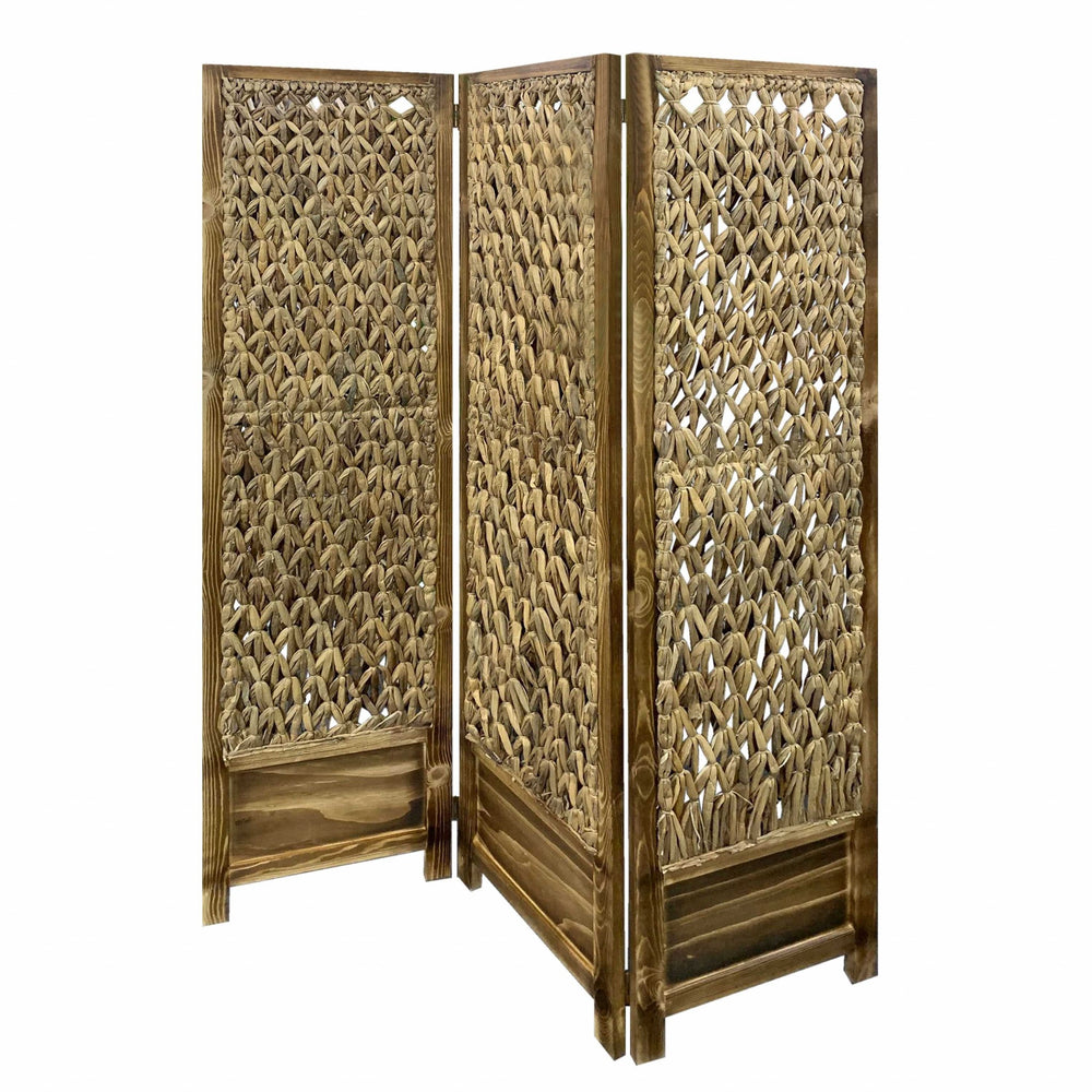 Homeroots Casual Wood And Seagrass Three Panel Room Divider Screen  Wood 348673