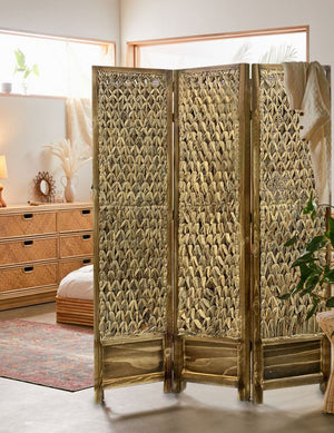 Homeroots Casual Wood And Seagrass Three Panel Room Divider Screen  Wood 348673