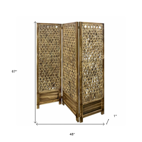 Homeroots Casual Wood And Seagrass Three Panel Room Divider Screen  Wood 348673
