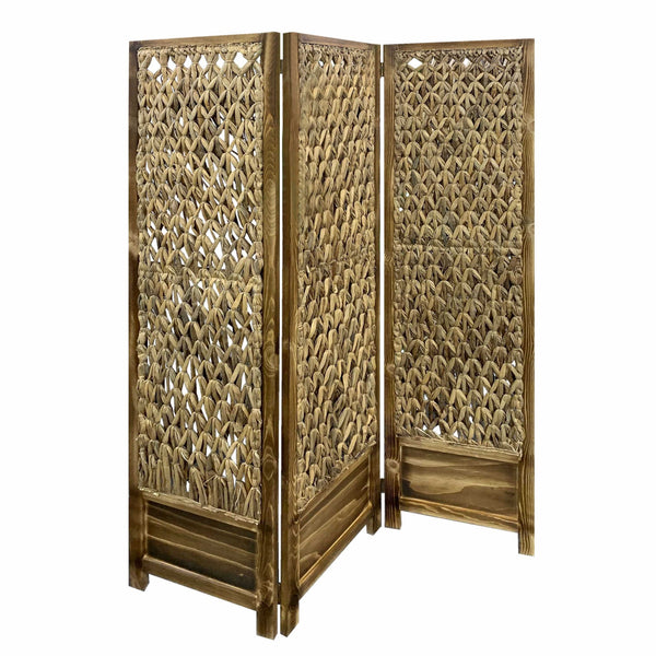 Homeroots Casual Wood And Seagrass Three Panel Room Divider Screen  Wood 348673
