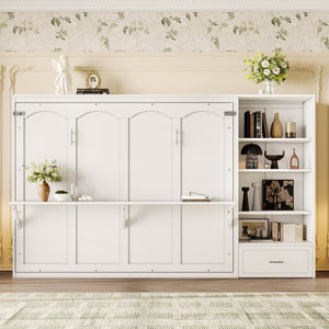 English Elm Queen Murphy Bed with Built-In Shelves, Height-Adjustable Storage & Drawer for Small Spaces White 71.6 L x 21.5 W x 6.1 H N733S309223K
