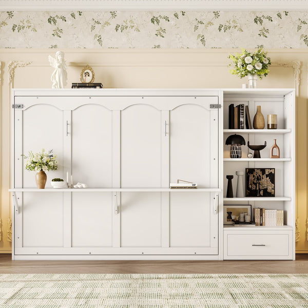 English Elm Queen Murphy Bed with Built-In Shelves, Height-Adjustable Storage & Drawer for Small Spaces White 71.6 L x 21.5 W x 6.1 H N733S309223K