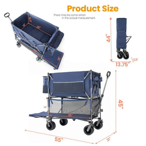English Elm 55" Double Decker Collapsible Wagon 560lb Capacity Alloy Steel Frame All-terrain Wheels Dark Blue W2932P405186