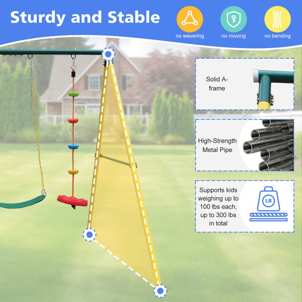 English Elm 3 in 1 Backyard Swing Set Steel A-frame with Belt Saucer and Climbing Rope W1408P169746
