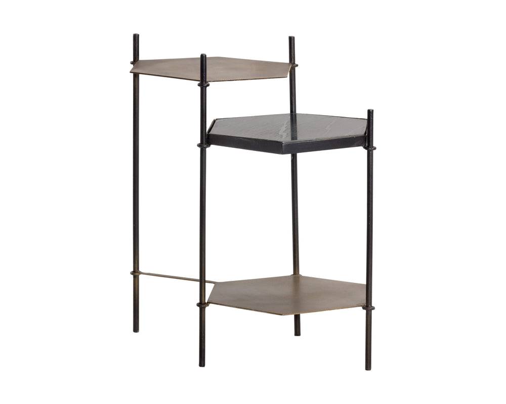 Sunpan Hexall Side Table – Industrial Chic with Hexagonal Shelves, Antique Brass & Black Marble Elegance
