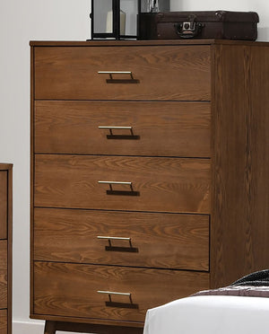 English Elm Walnut Mid-Century 5-Drawer Chest with Nickel Bar Pulls, Solid Wood Veneer, Anti-Tip System, 33.5"W x 17.5"D x 47.5"H Walnut 36 L x 21 W x 45 H B2741P361150
