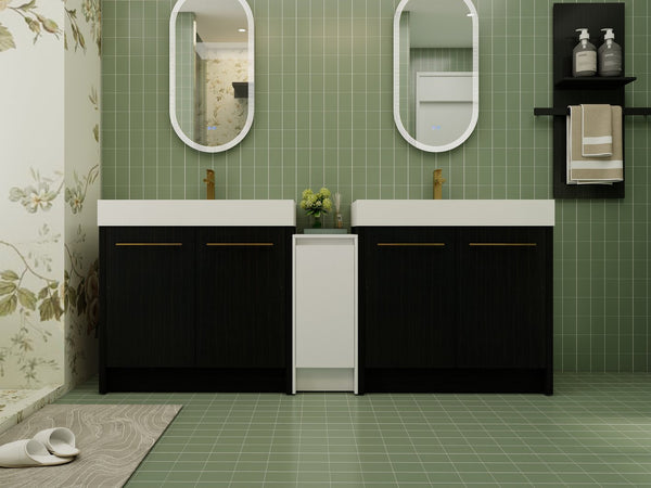 English Elm 84 Inch Freestanding Bathroom Vanity with Integrated Resin Sink, Soft-Close Doors, Shelves & Extra Storage Space Black Chestnut,Glossy White W999S00301