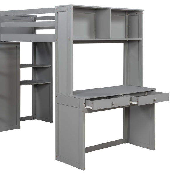English Elm Twin Loft Bed System with Wardrobe Desk and Shelving for Kids Shared Bedroom Gray LT000820AAE-1