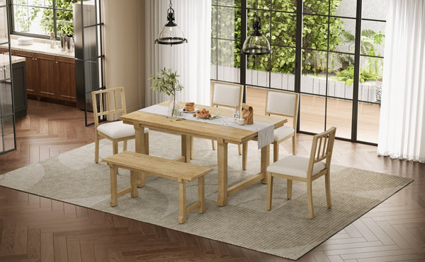 English Elm Trexm Farmhouse Dining Set Seats Six Oak Veneer Table Mixed Chairs Bench Included Beige,Natural Wood Wash ST000156AAE