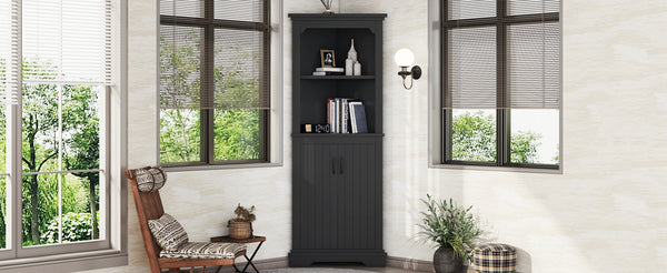 English Elm Tall Corner Cabinet with Doors - Slim Black Storage Tower for Living Room, Bathroom, Kitchen, Office W1580P332942
