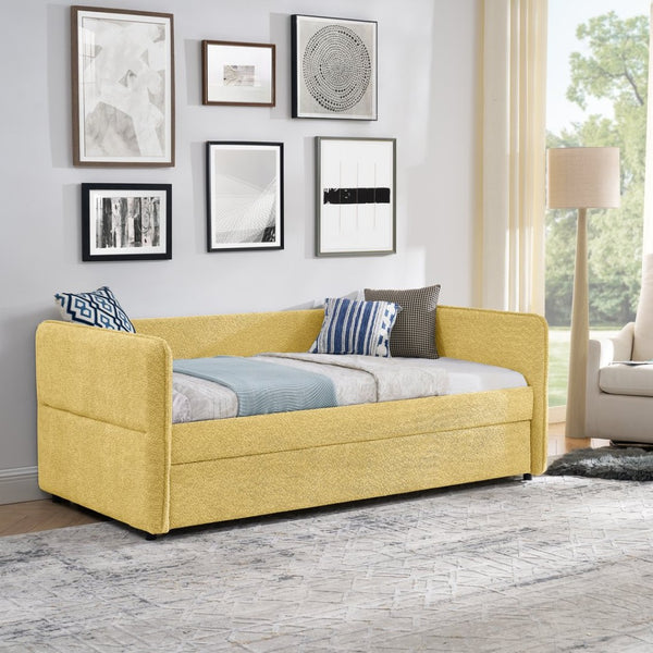 English Elm Daybed Boucle Upholstered Tufted Twin Trundle Sofa for Guest Bedroom Studio Lounge Yellow W1413S00174