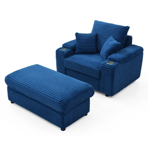 English Elm Oversized Corduroy Accent Chair with Ottoman Neck Pillow and Wide Armrests for Cozy Reading Blue W1117S00251
