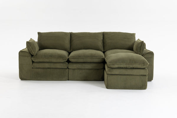 English Elm L Shaped Corduroy Modular Sectional with Cloud Cushions Footstool and Lumbar Pillows Emerald W395S00139