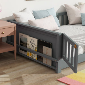 English Elm Twin Size Floor Bed With Book Rack & Playful Door - Cozy, Safe Design For Kids' Rooms In Grey W504P345768-GIGA