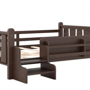 English Elm Twin Pine Floor Bed for Kids with Side Bookcases Built-in Stairs and Safety Guardrails Espresso W1580P390226