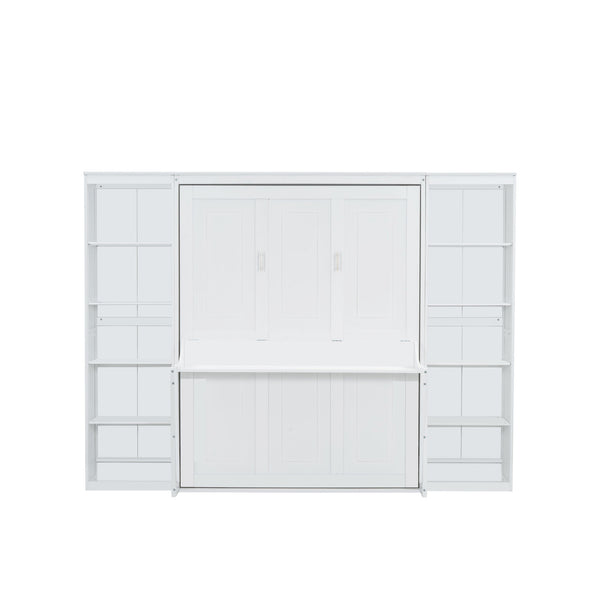 English Elm Queen Murphy Bed with Desk & Bookshelf in White — Space-Saving Queen Wall Bed, Pine/MDF, 600lb Capacity, Foldable Workspace GX004002AAK