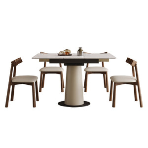 English Elm Retractable Rock Slab Dining Set with Leather Wrapped Base for Compact Apartments W2700S00103