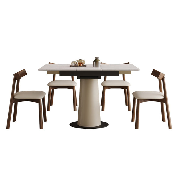 English Elm Retractable Rock Slab Dining Set with Leather Wrapped Base for Compact Apartments W2700S00103