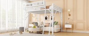 English Elm Full Size Loft Bed with Ladder and Built-In Shelves, Sturdy Metal High Loft for Kids Teens 54" White W2580P379995