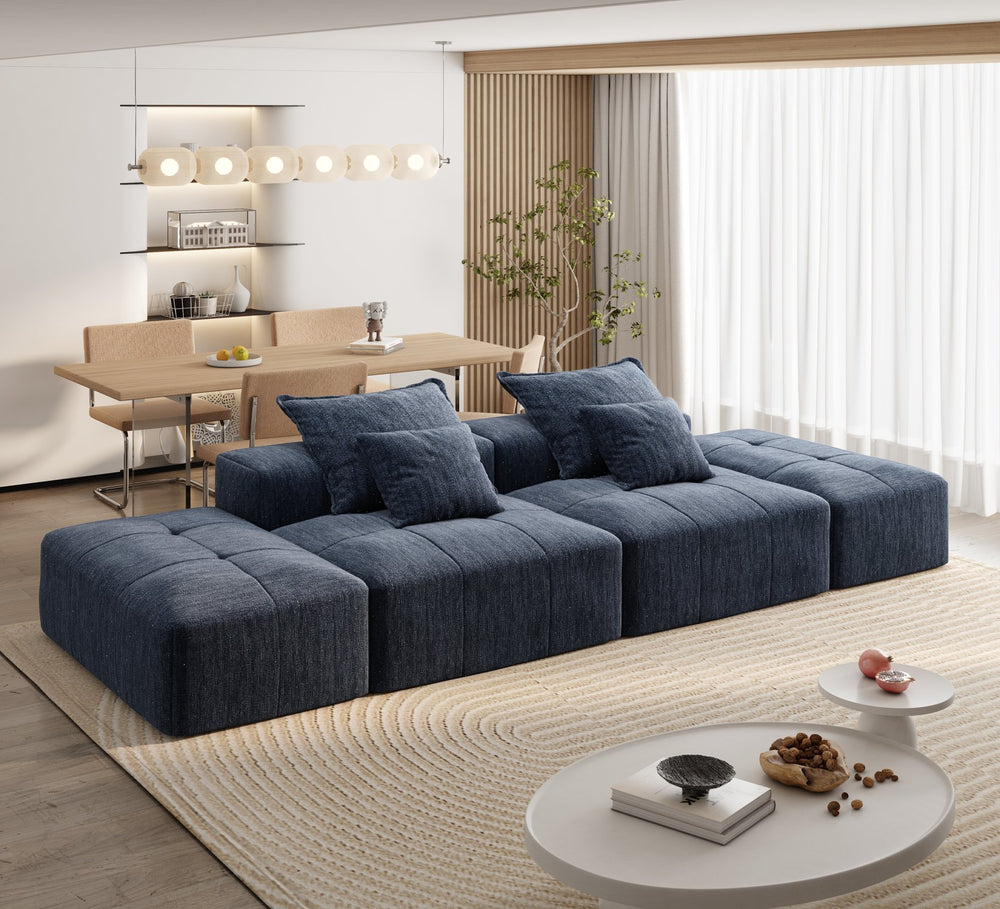 English Elm Modern Modular Sectional Sofa Set – Oversized Chenille Fabric Couch With 2 Ottomans & 4 Pillows, Blue W1885S00063