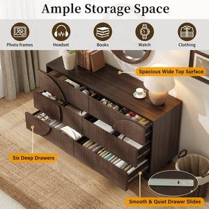 English Elm Modern Fluted 6 Drawer Dresser with Solid Wood Legs Japandi Chest for Bedroom Dark Brown N739S0000015D